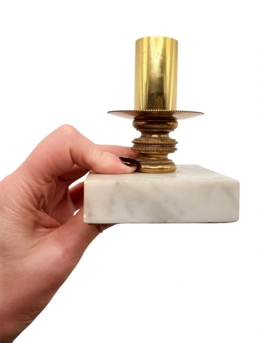 Vintage MCM Brass and White Marble Taper Candle Stick Holder
